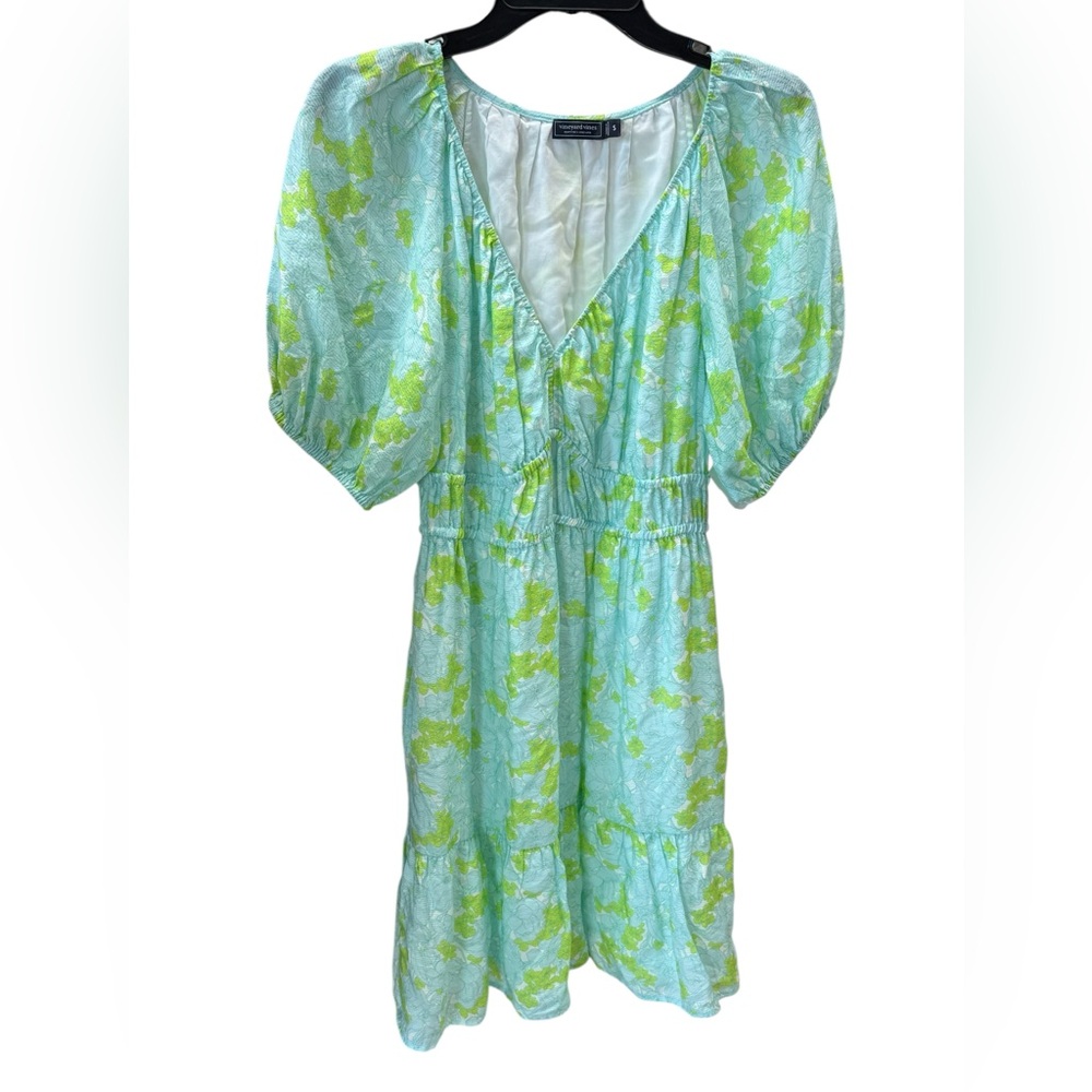 Vineyard Vines Sydney Mini Dress Womens S Blue Floral Smocked Tencel Puff Sleeve - Picture 2 of 6